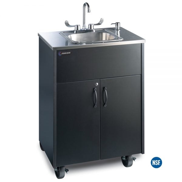 Premier S1 Black Portable Hot Water Handwashing Sink with Black Laminate Cabinet, Stainless Countertop, and Single Stainless Basin