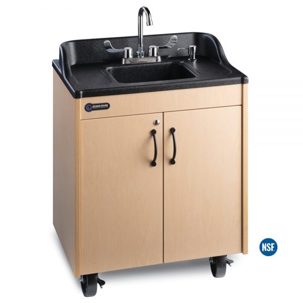 Lil Premier Child Height Portable Hot Water Handwashing Sink with Maple Laminate Cabinet and Black Integrated ABS Countertop and Sink Basin