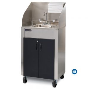 Elite PRO1 Black portable hot water hand washing sink with black HDPE doors, stainless cabinet, single stainless steel sink basin, HDPE splashguard, and M-Fold towel dispenser