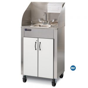 Elite PRO1 White/Black portable hot water hand washing sink with white HDPE doors with black edging, stainless cabinet, single stainless steel sink basin, HDPE splashguard, and M-Fold towel dispenser