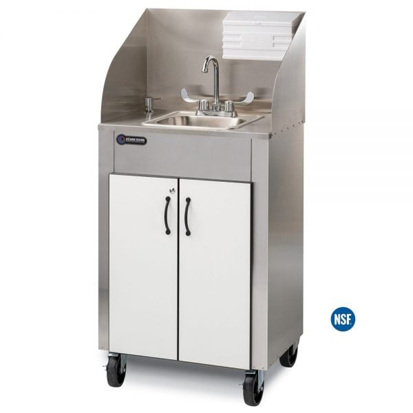 Elite PRO1 White/Black portable hot water hand washing sink with white HDPE doors with black edging, stainless cabinet, single stainless steel sink basin, HDPE splashguard, and M-Fold towel dispenser