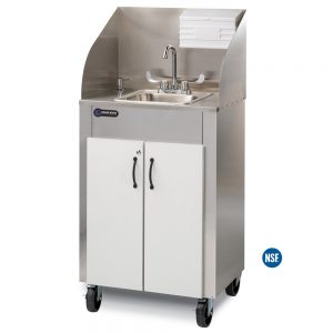 Elite PRO1 White portable hot water hand washing sink with white HDPE doors, stainless cabinet, single stainless steel sink basin, HDPE splashguard, and M-Fold towel dispenser