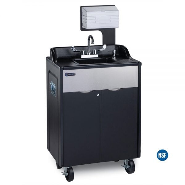 Titan PRO 1 Black Outdoor and Indoor Use Portable Handwashing Sink with Black HDPE Plastic and Stainless Cabinet, Integrated Black ABS Countertop and Sink Basin, M-Fold Towel Dispenser, and Side Handle